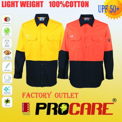 HI VIS SHIRT 100% COTTON SAFETY WORKWEAR, LONG SLEEVE NO TAPE, COOL VENTS.