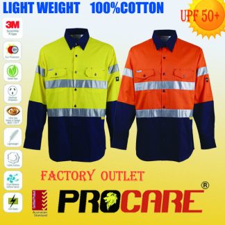 HI VIS SHIRT 100% COTTON SAFETYWORKWEAR, LONG SLEEVE WITH 3M R/TAPE,COOL VENTS.