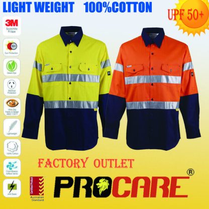 HI VIS SHIRT 100% COTTON SAFETYWORKWEAR, LONG SLEEVE WITH 3M R/TAPE COOL VENT